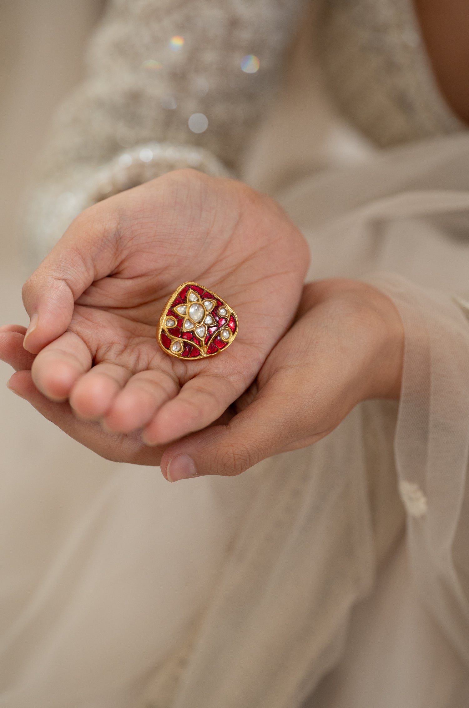 Lara Fine Silver Kundan Red Ring