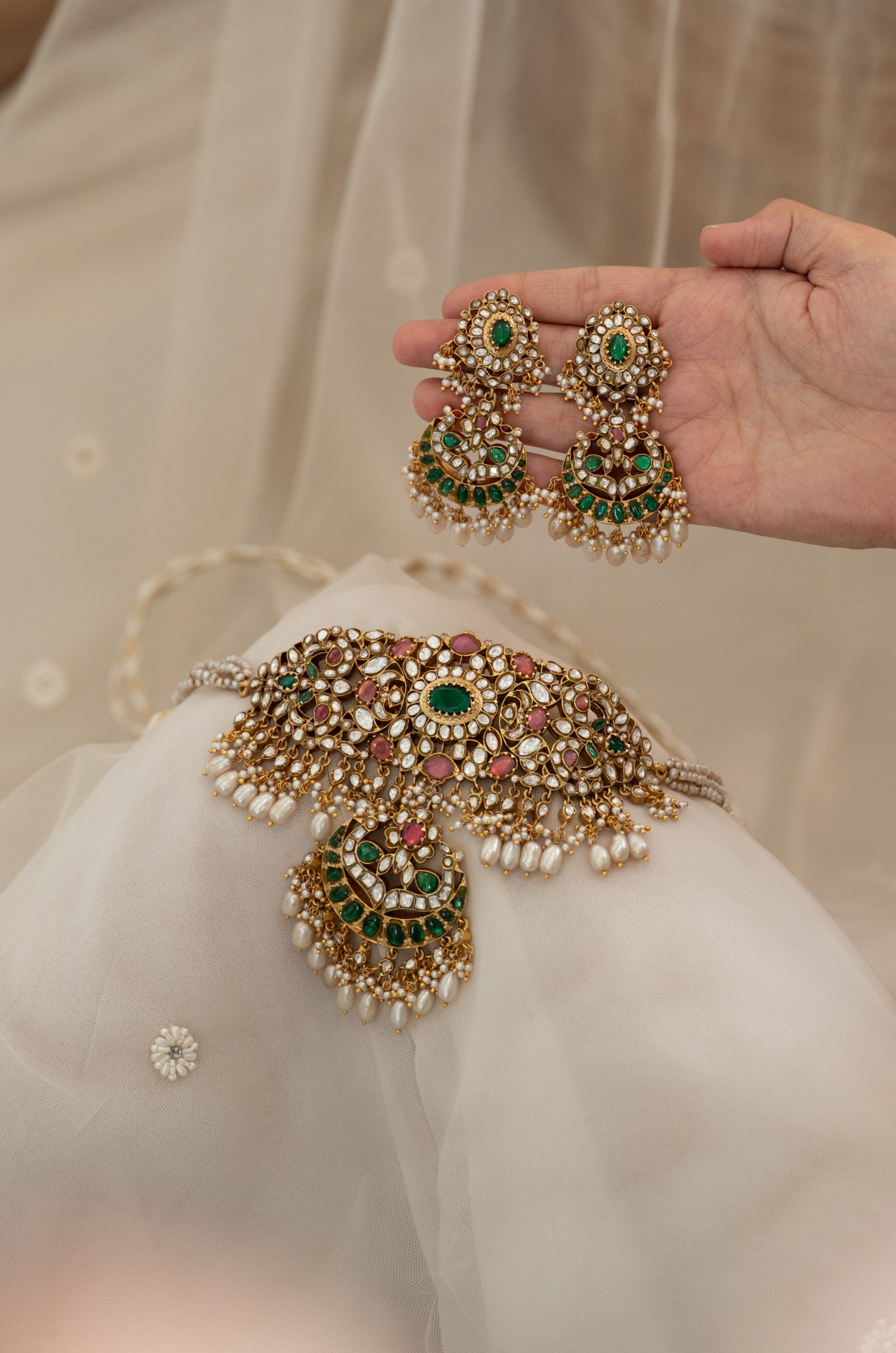 Sadhvi Green Silver Necklace Set