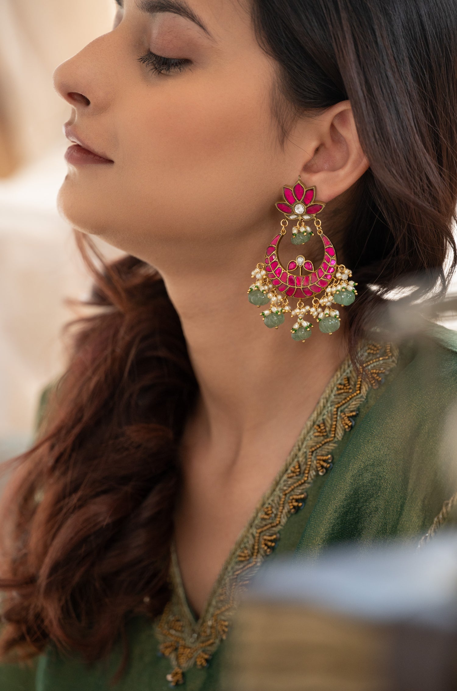 Navya Pink Kundan Chandbali Earrings