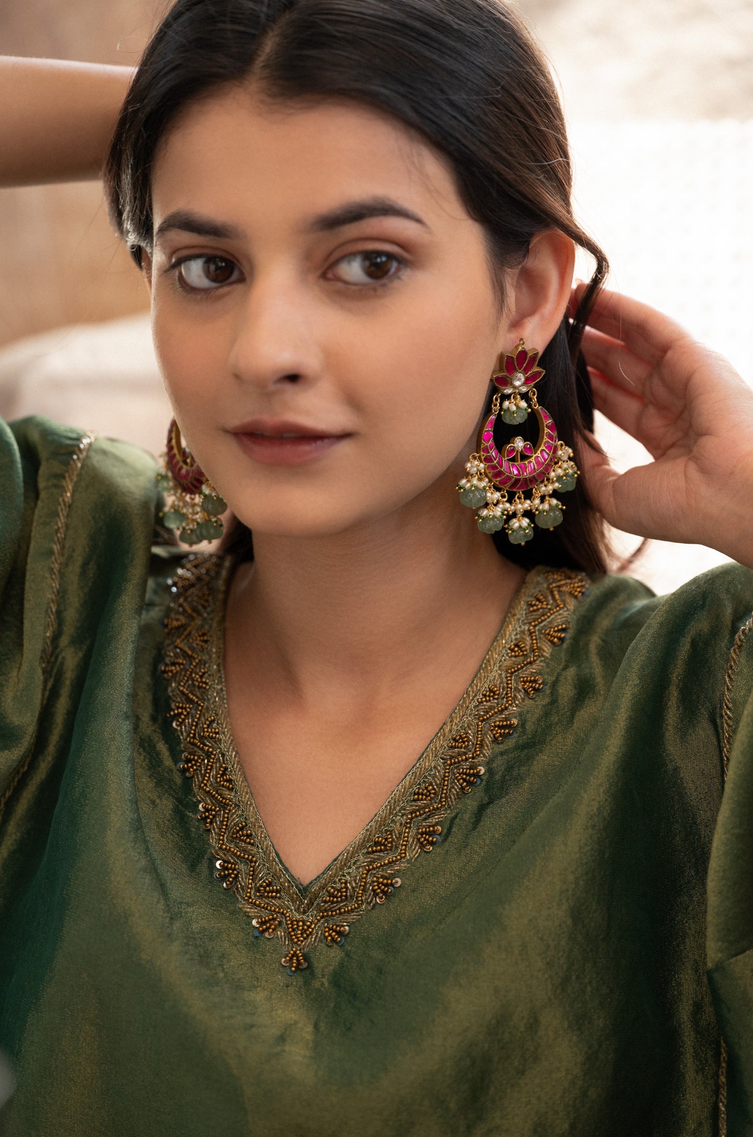 Navya Pink Kundan Chandbali Earrings