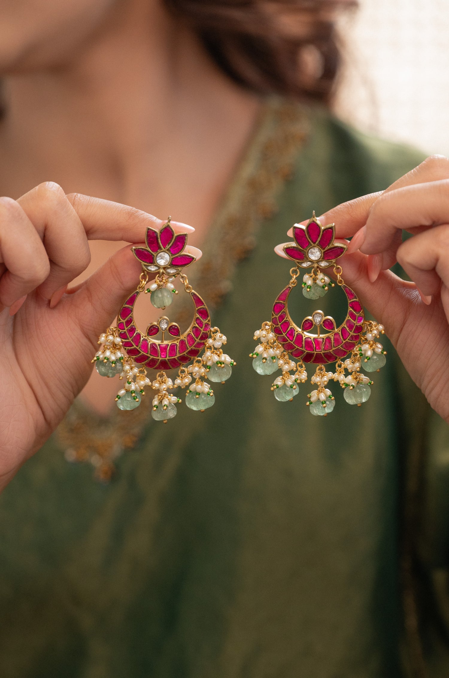 Navya Pink Kundan Chandbali Earrings