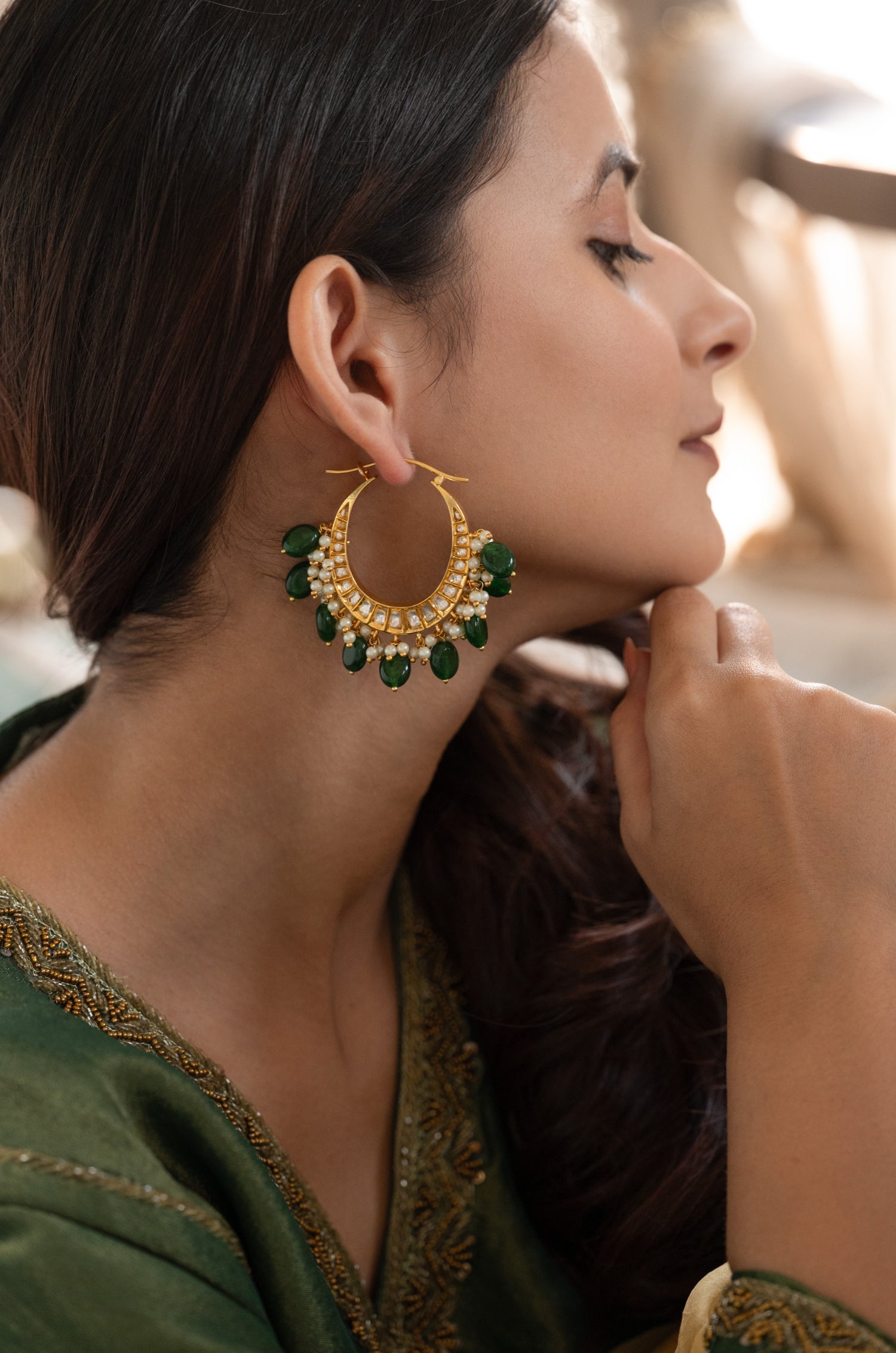 Param Green Kundan Hoops