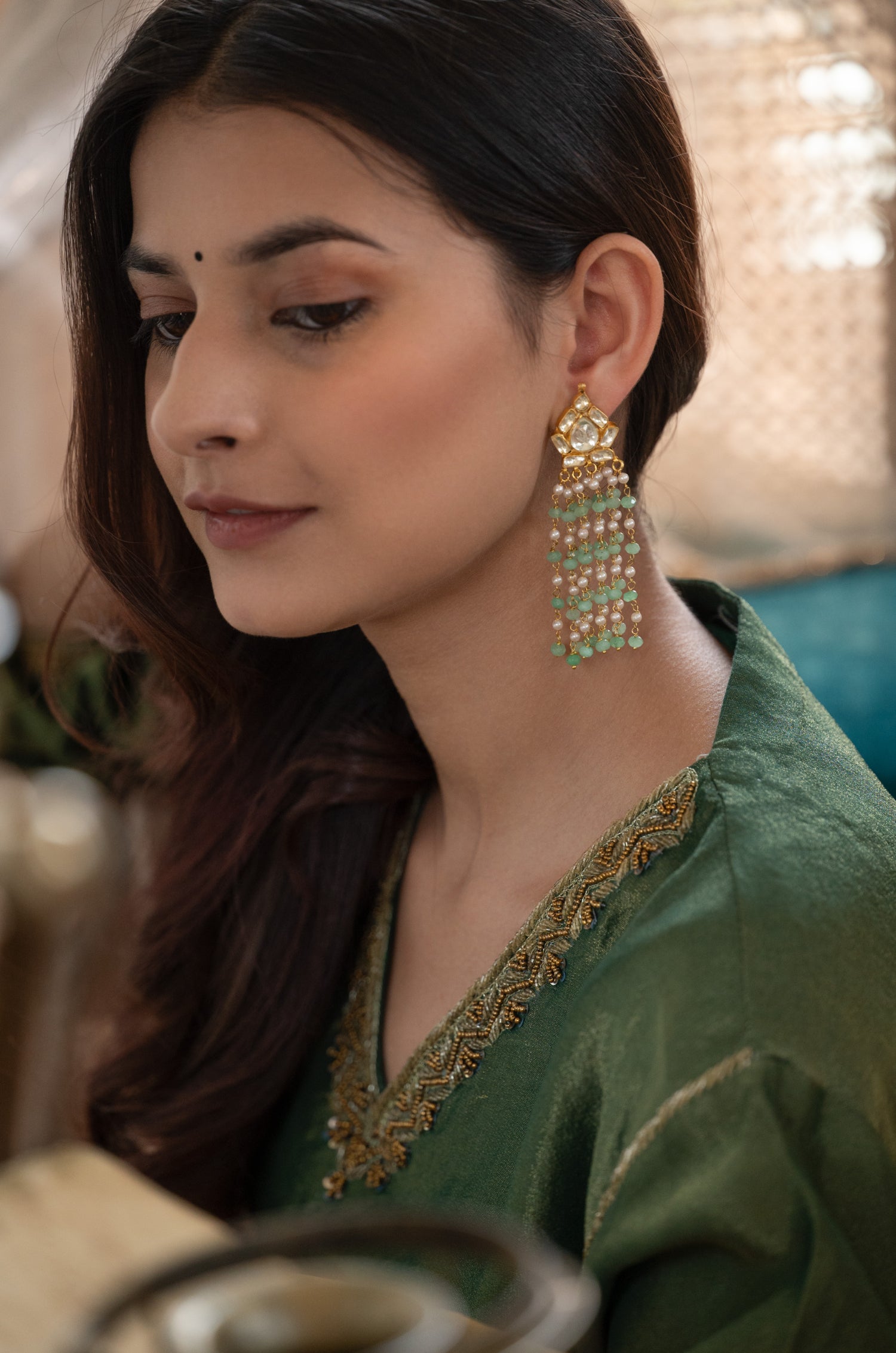 Tejasvi Mint Kundan Earrings