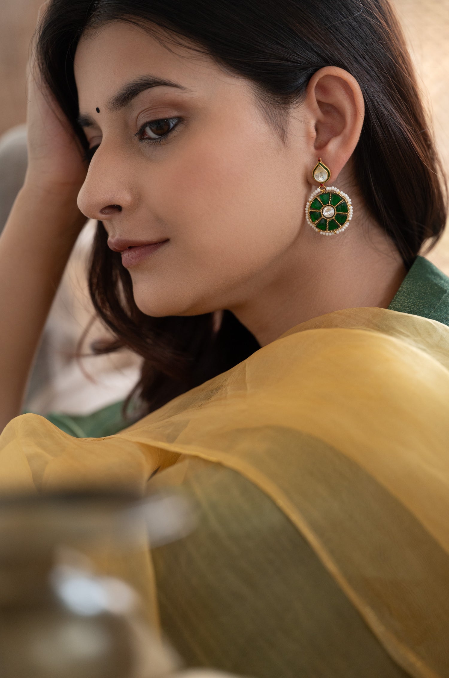 Ishayna Green Kundan Earrings