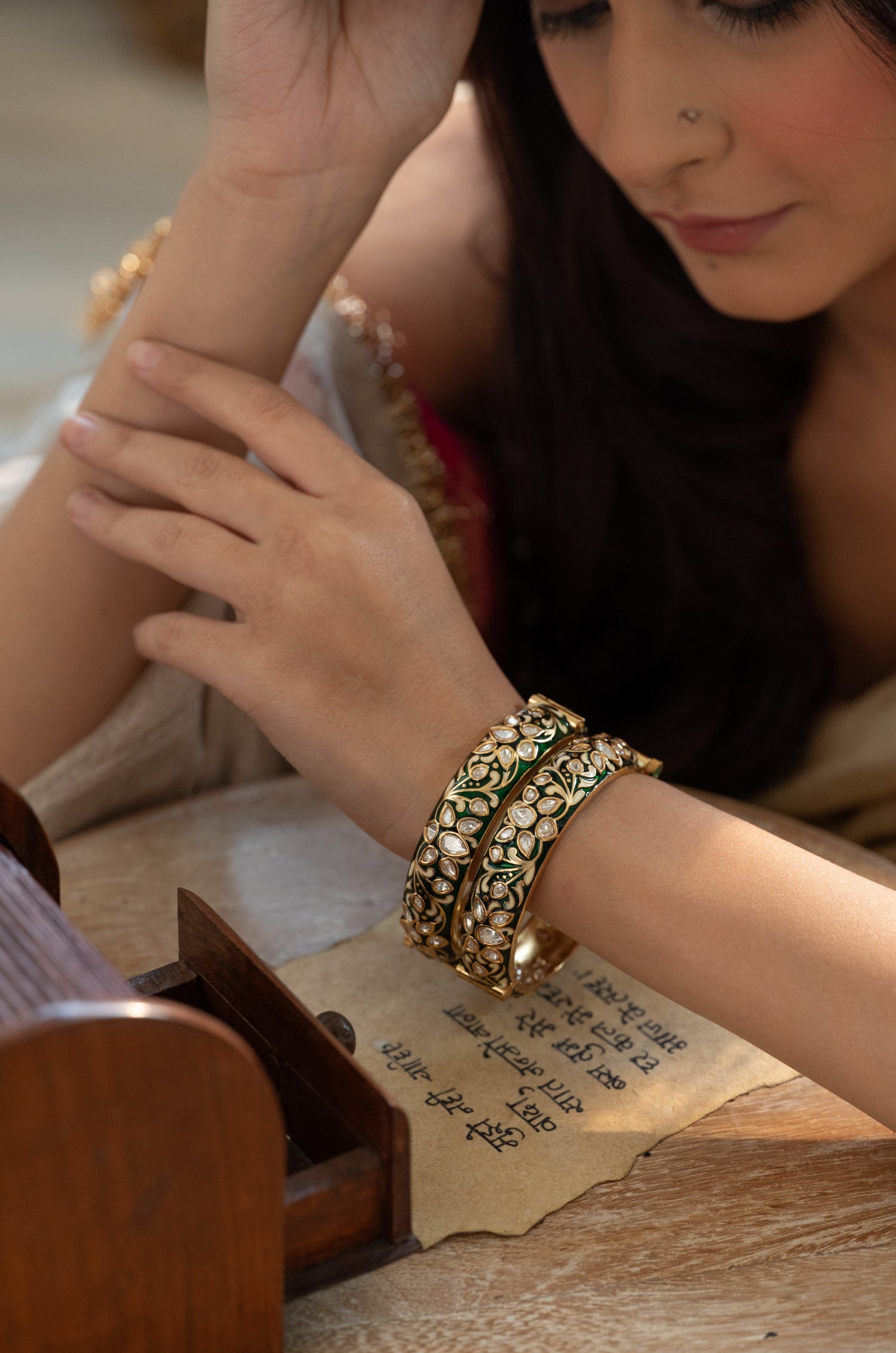 Theo Green Meenakari Polki Bangles - Set of 2