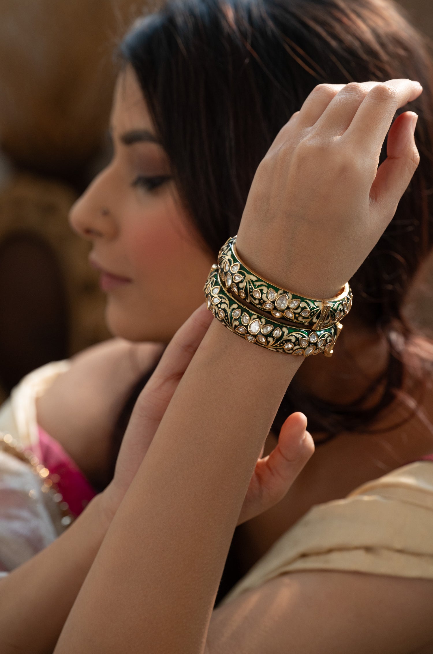 Theo Green Meenakari Polki Bangles - Set of 2