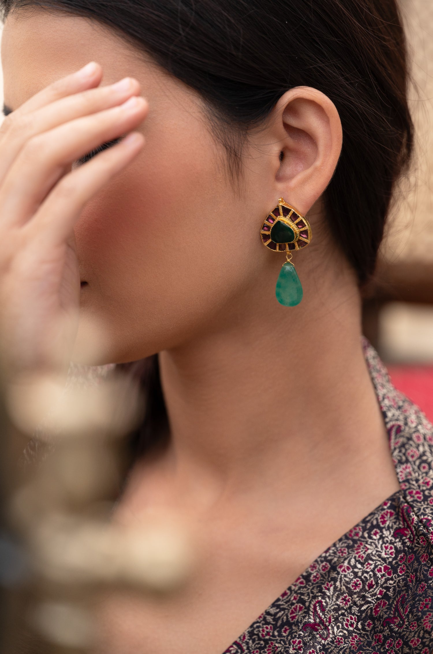 Avni Floral Green Kundan Earrings