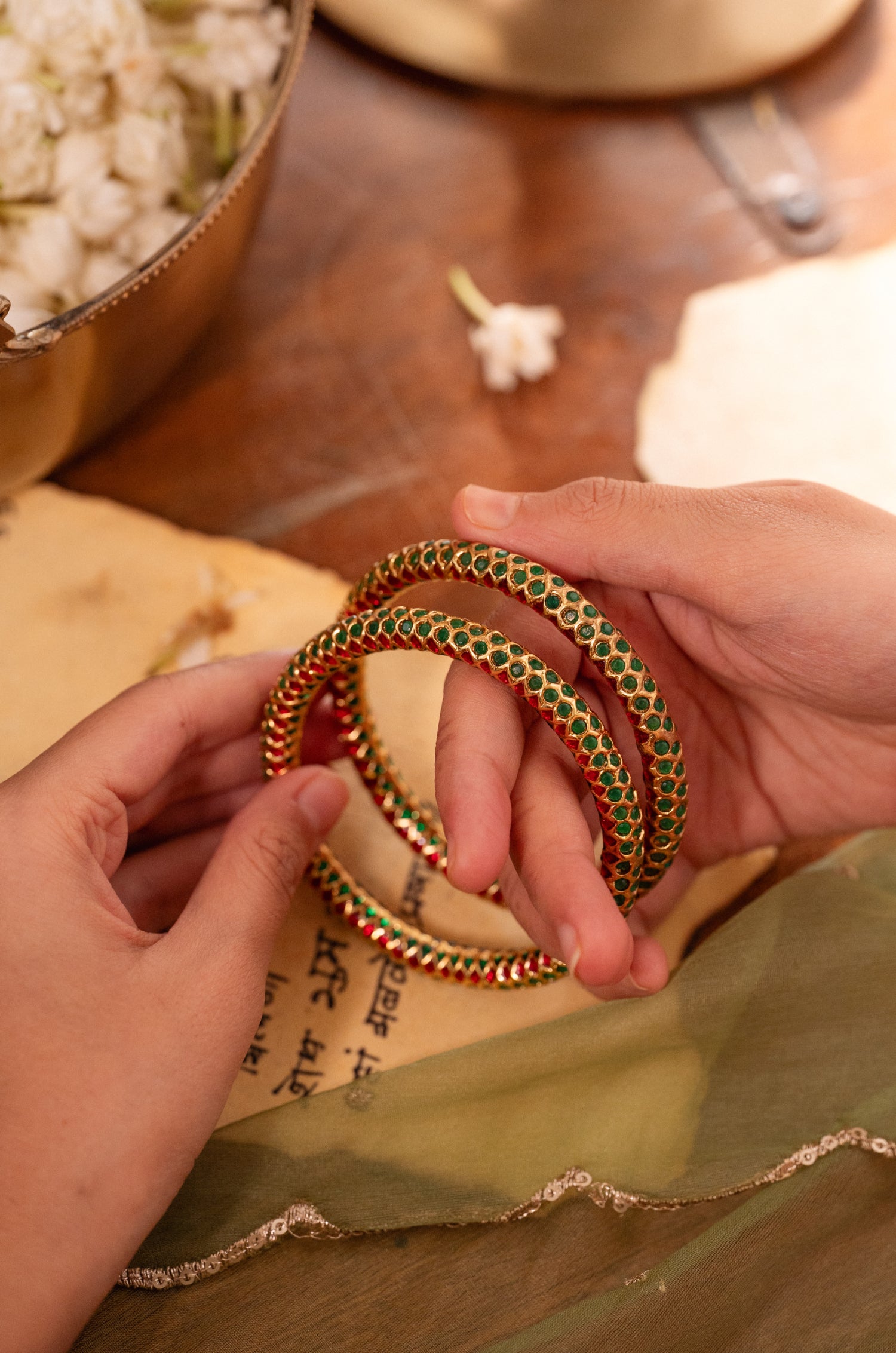Uthami Green Jadau Bangles - Set of 2