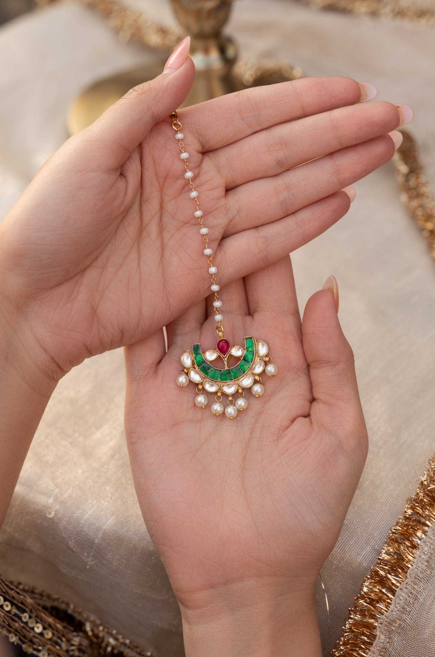 Harshita Green Kundan Maang tikka
