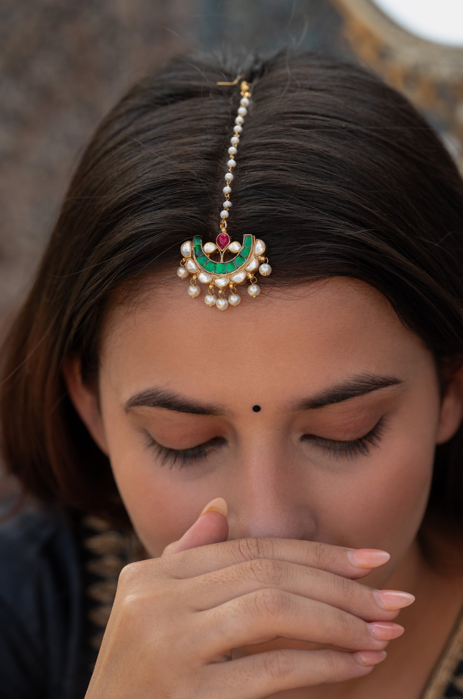 Harshita Green Kundan Maang tikka