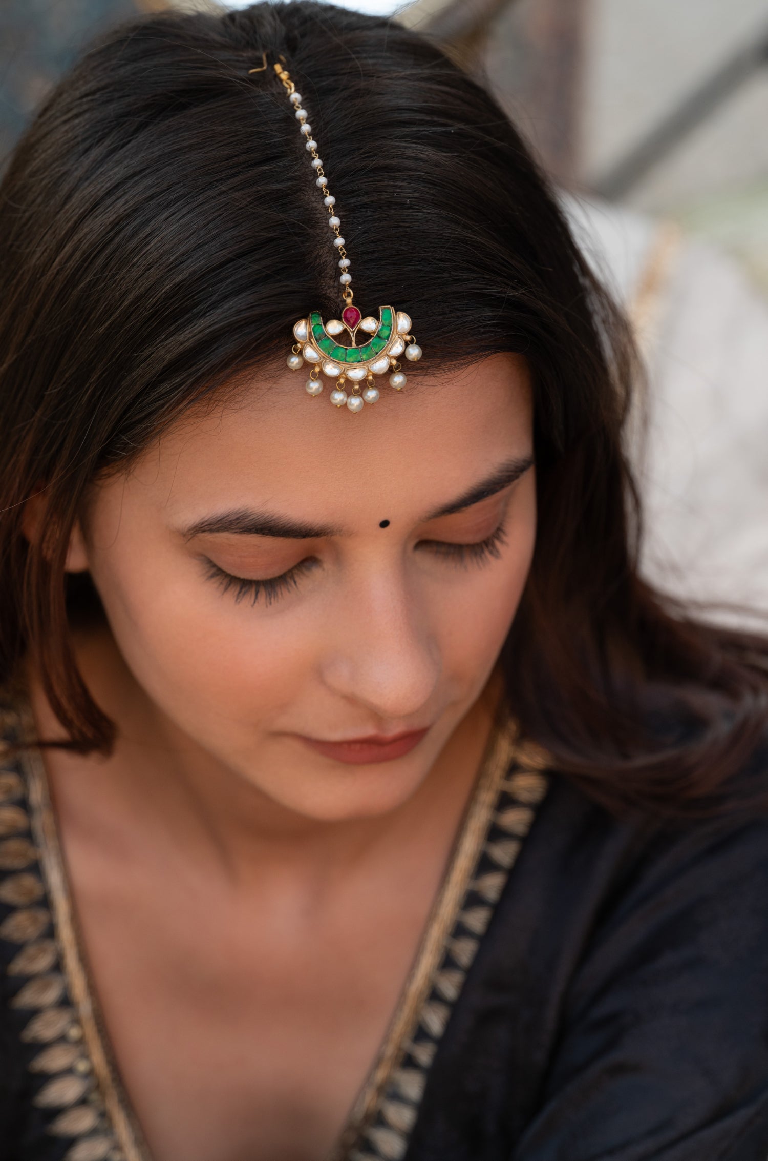 Harshita Green Kundan Maang tikka