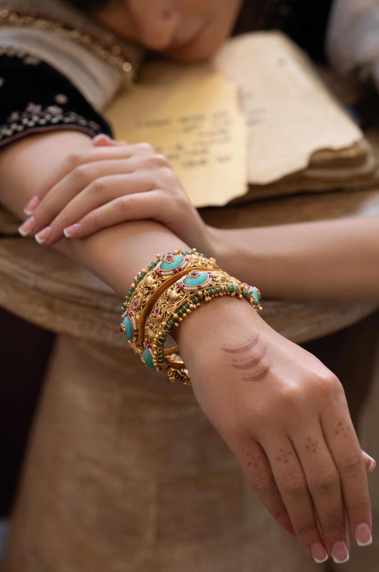 Khyati Mint Temple Work Bangles - Set Of 2