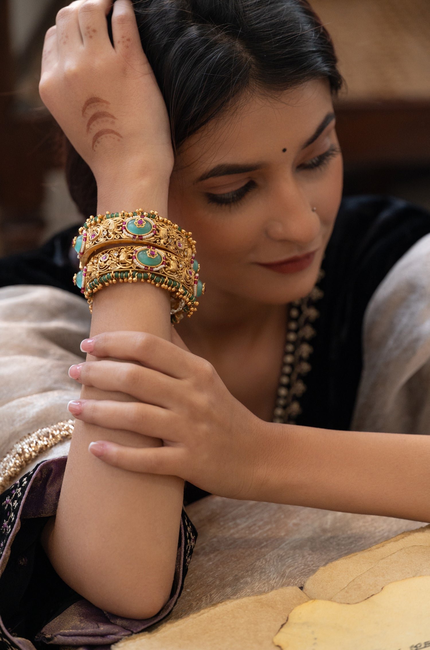 Khyati Mint Temple Work Bangles - Set Of 2