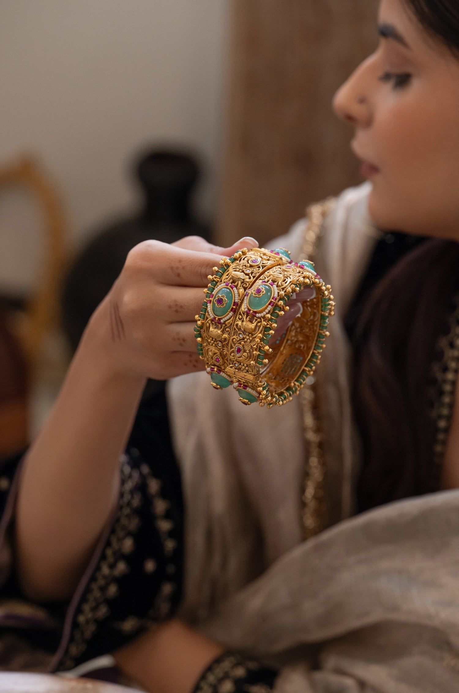 Khyati Mint Temple Work Bangles - Set Of 2