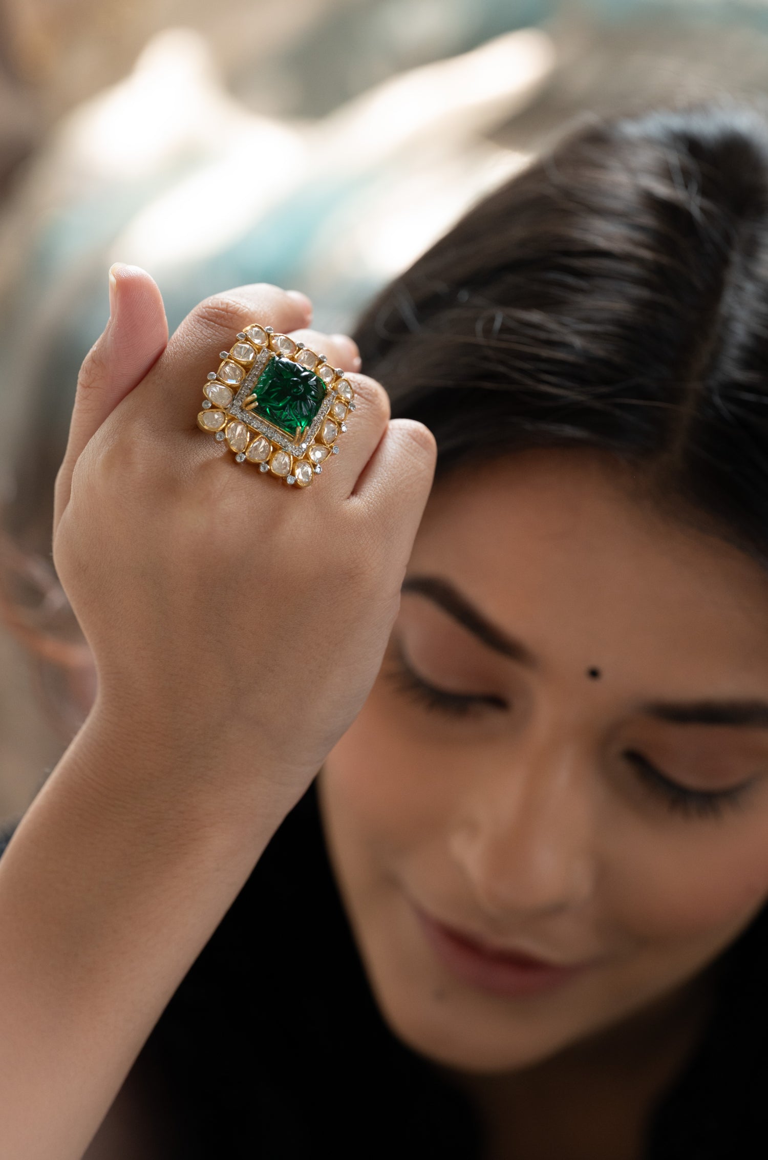 Naira Green Polki Cocktail Silver Ring