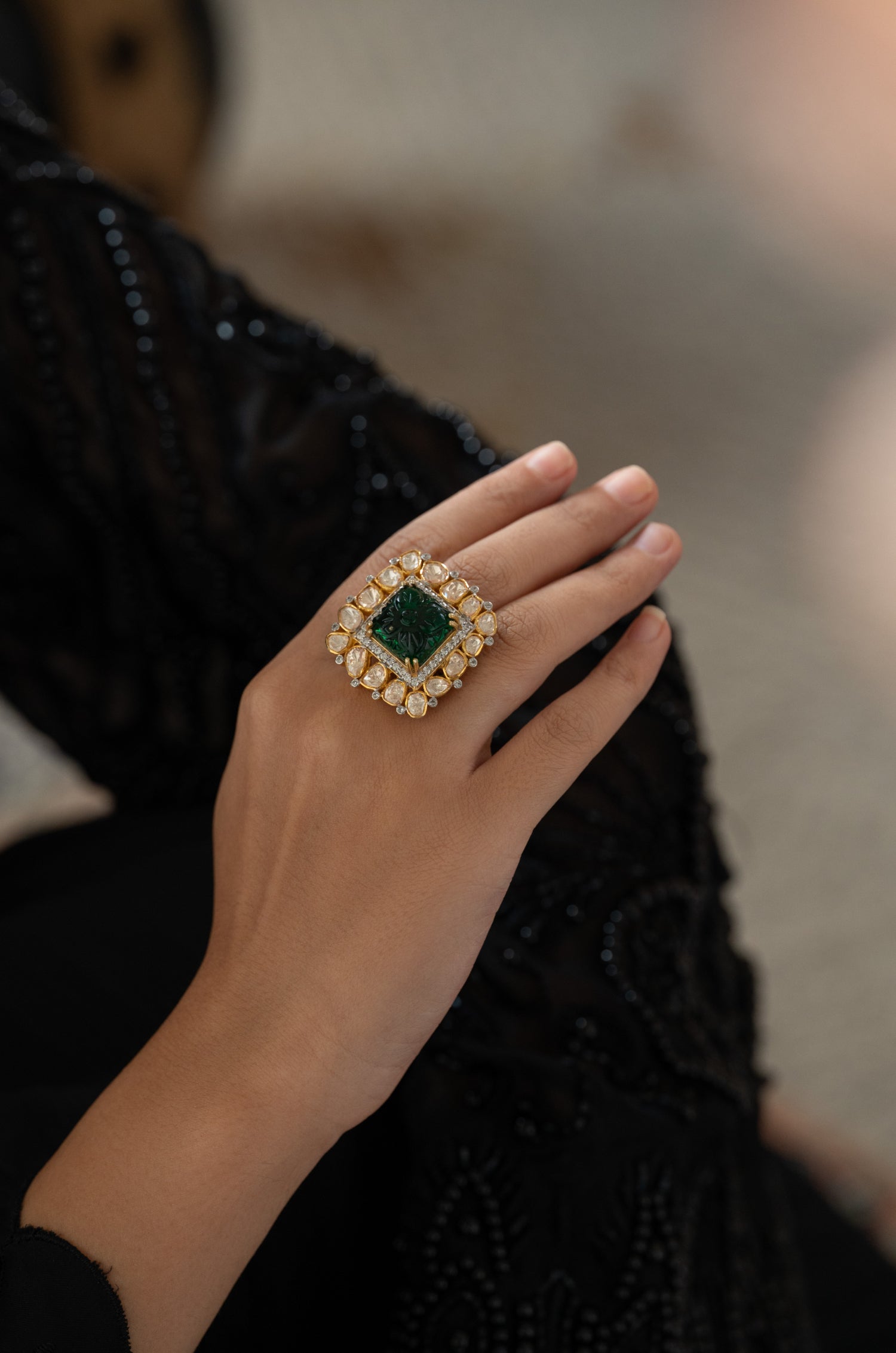 Naira Green Polki Cocktail Silver Ring
