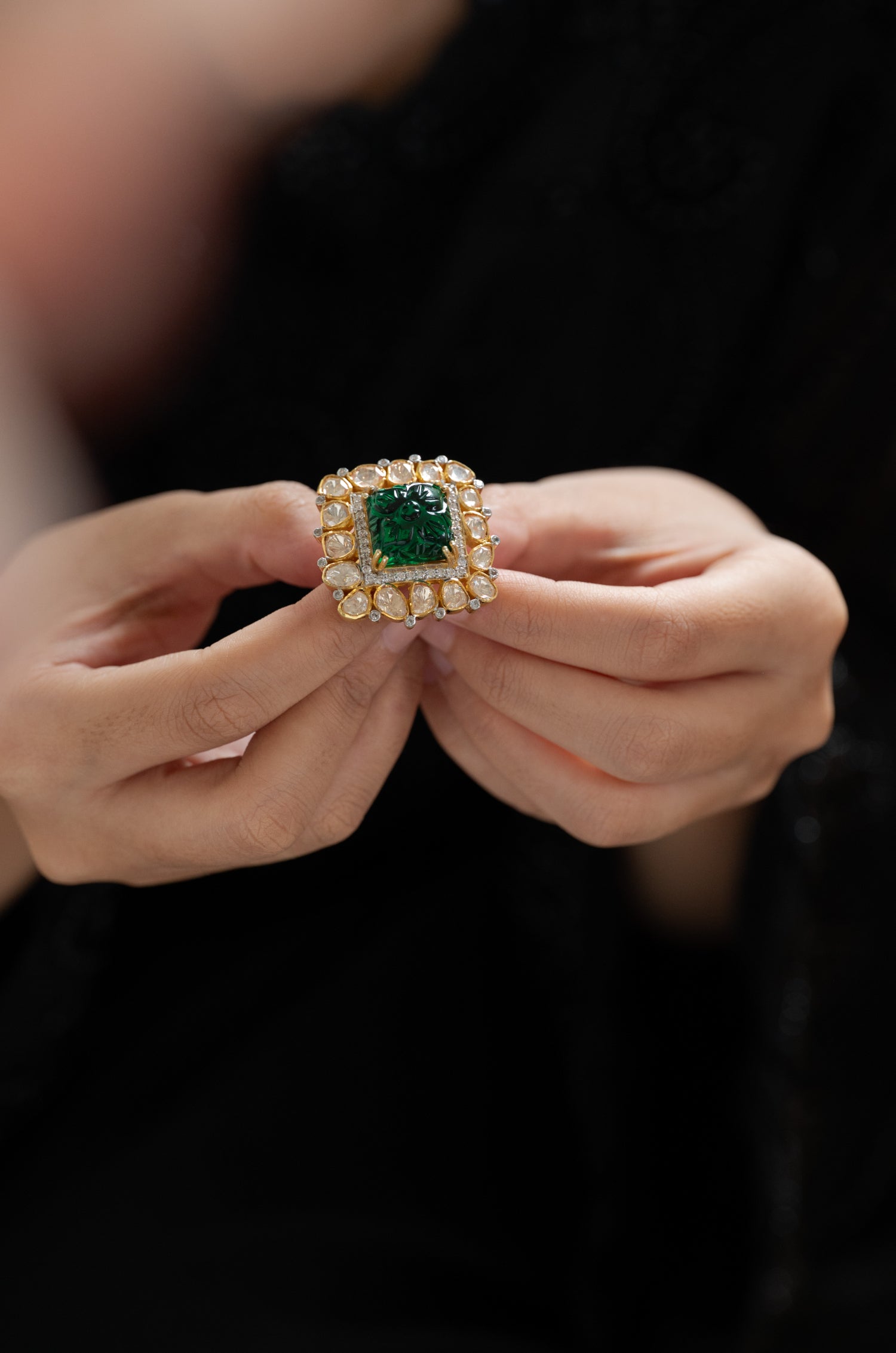 Naira Green Polki Cocktail Silver Ring