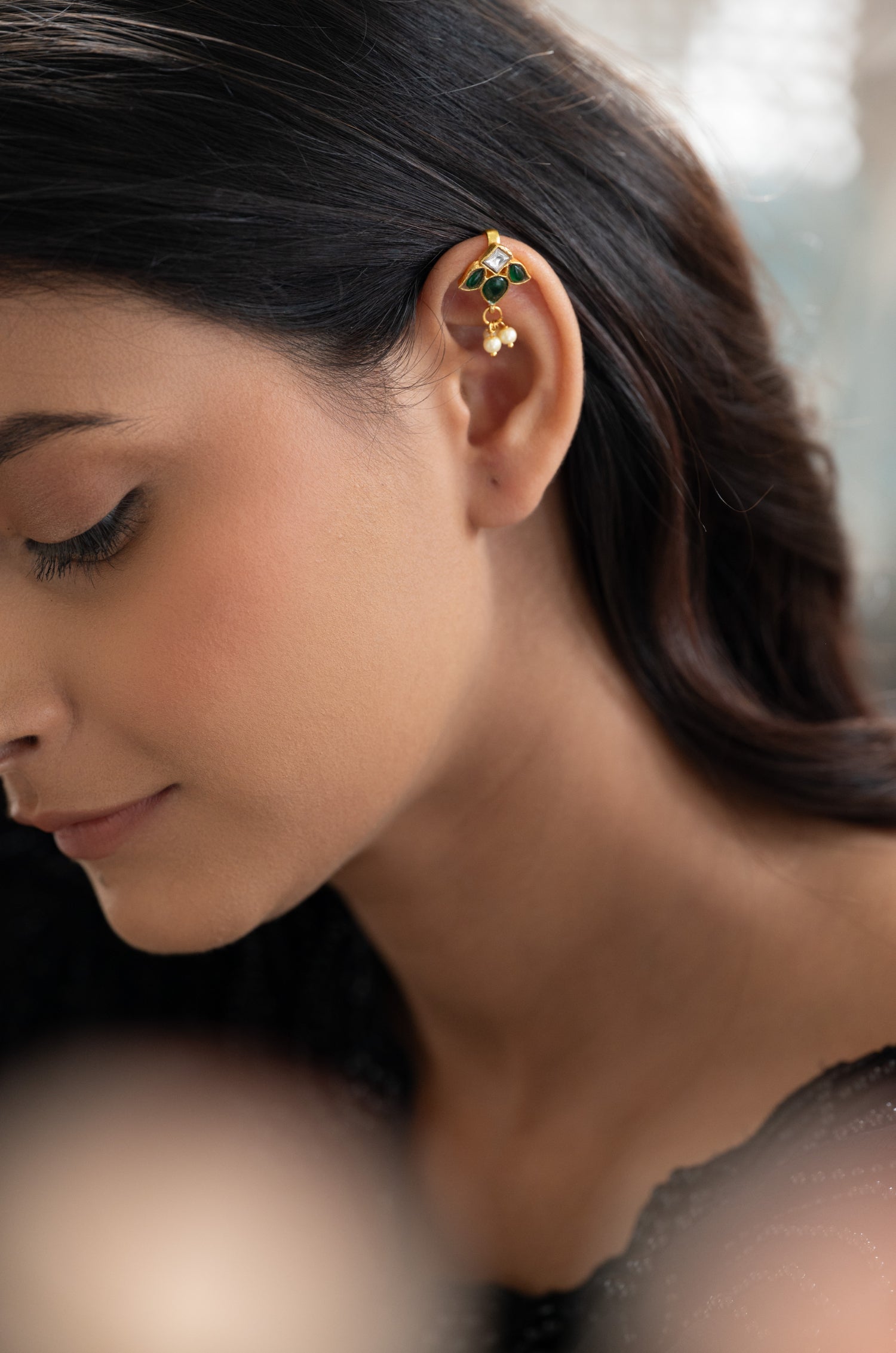 Isha Green Kundan Ear Cuff