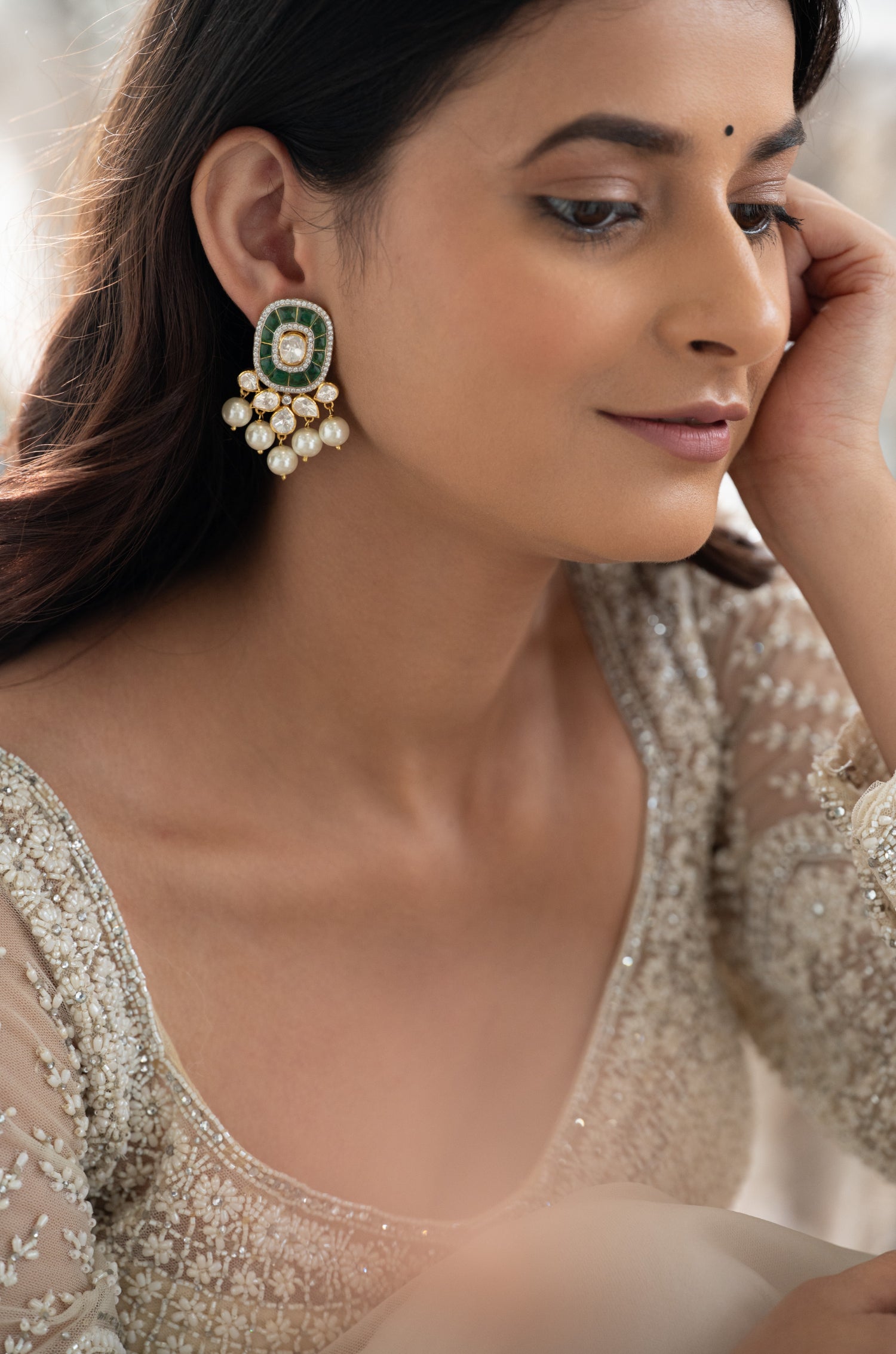 Jhavni Green Polki Silver Studs