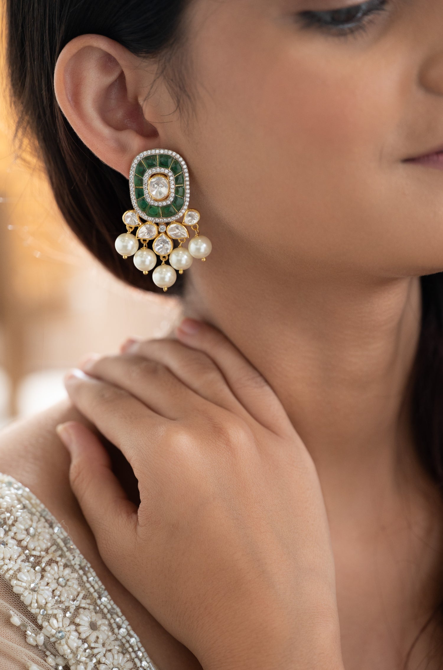 Jhavni Green Polki Silver Studs