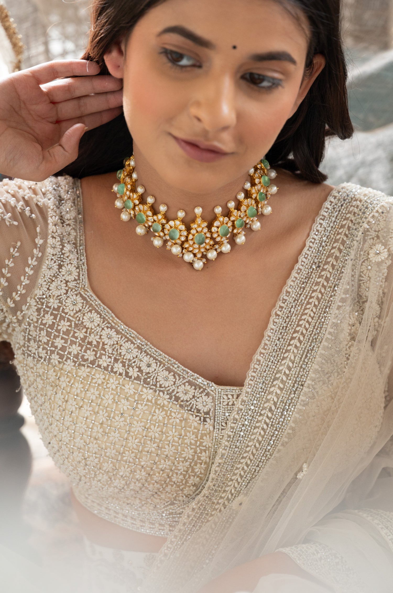 Ira Mint Polki Silver Choker Necklace Set