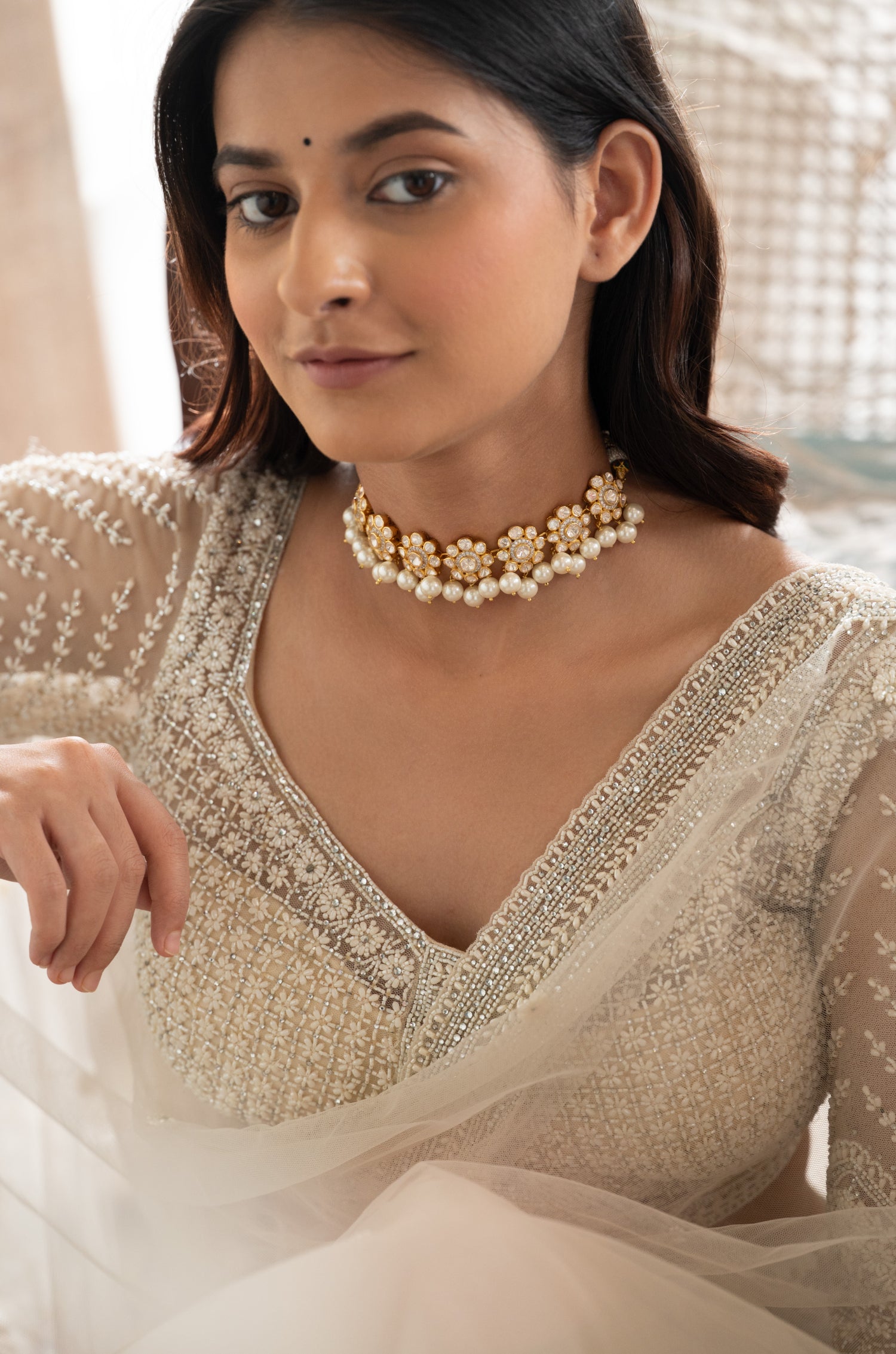 Hiral Polki Silver Choker Necklace Set