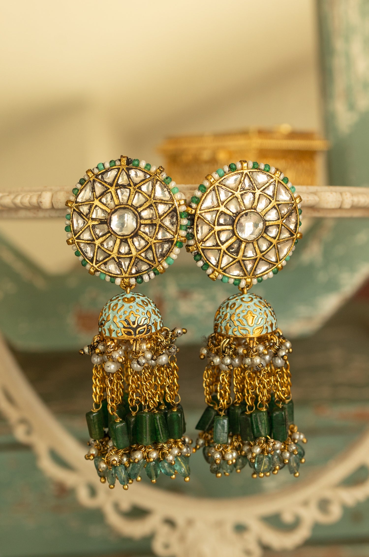 Hamsini Turquoise Kundan Jhumka Earrings