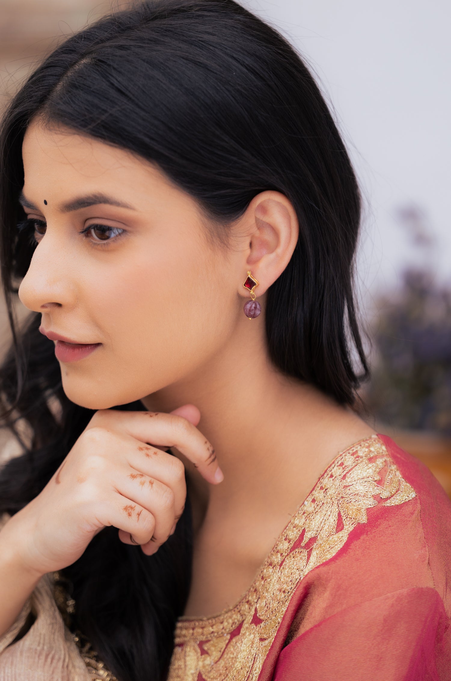 Manvi Pink Rhodolite Kundan Earrings